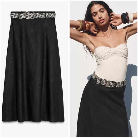ZARA LINEN SKIRT WITH BELT - Picture 1 of 9